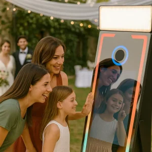 Invitados sonrientes interactuando con un fotomatón espejo mágico en un evento de boda al aire libre. La pantalla del espejo refleja a las personas posando, capturando recuerdos divertidos.
