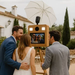 Una pareja de recién casados y un invitado sonriendo mientras usan un fotomatón vintage premium de madera con trípode, en una elegante boda al aire libre en Alhaurín de la Torre.