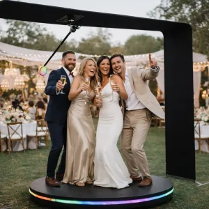 fotomatón 360 aéreo premium en acción en una boda o evento al aire libre en Alhaurín de la Torre. Cuatro invitados felices posando y riendo en la plataforma giratoria negra con luces LED.