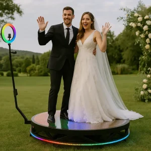 Una pareja feliz de recién casados en una plataforma de fotomatón 360 premium con luces LED, saludando a la cámara en una elegante boda al aire libre en Alhaurín de la Torre.