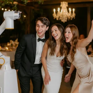 Invitados sonrientes posando frente a un Glambot premium que captura sus movimientos a cámara lenta en una elegante boda de noche en Alhaurín de la Torre.